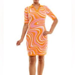 Nina Leonard Sweater Dress Swirl Retro Print Sz‎ MED Ivory Tang Multi